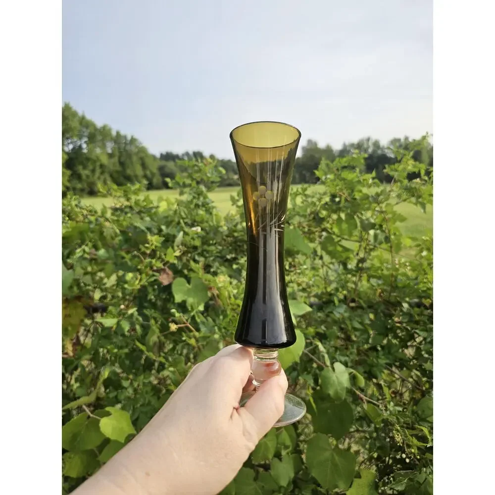 Vintage Olive Green Etched Glass Small Footed Bud Vase